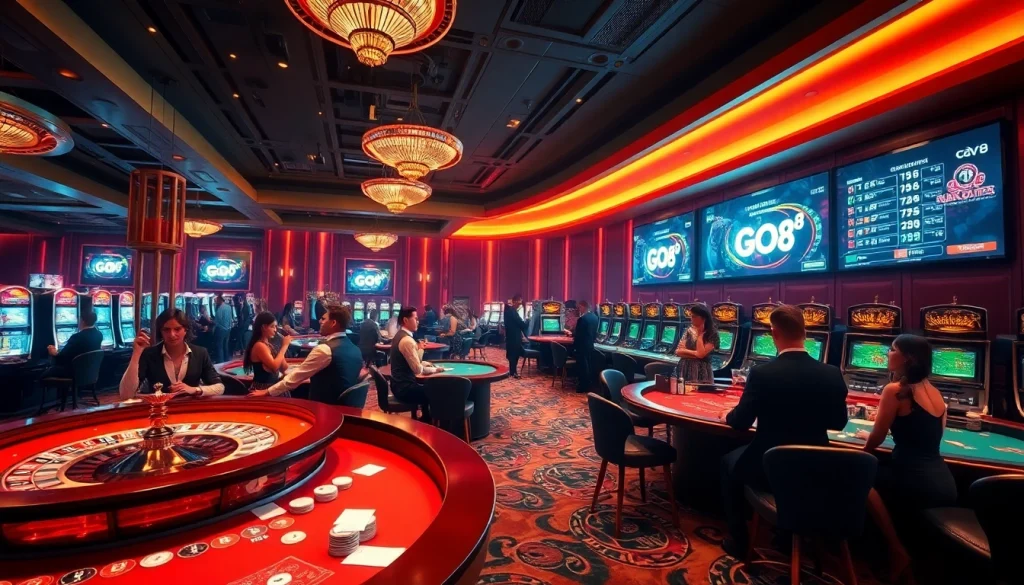 Players enjoying exciting casino games at the GO8-themed tables, showcasing vibrant action in a luxurious setting.