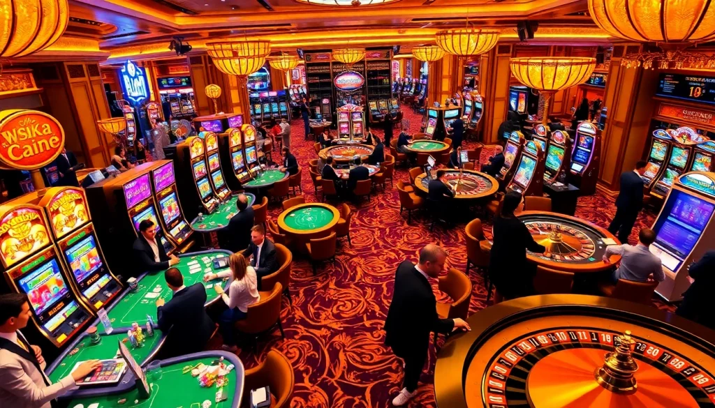 Dynamic casino scene at https://88aamobi.com/, featuring players at roulette and blackjack tables with vibrant lighting.