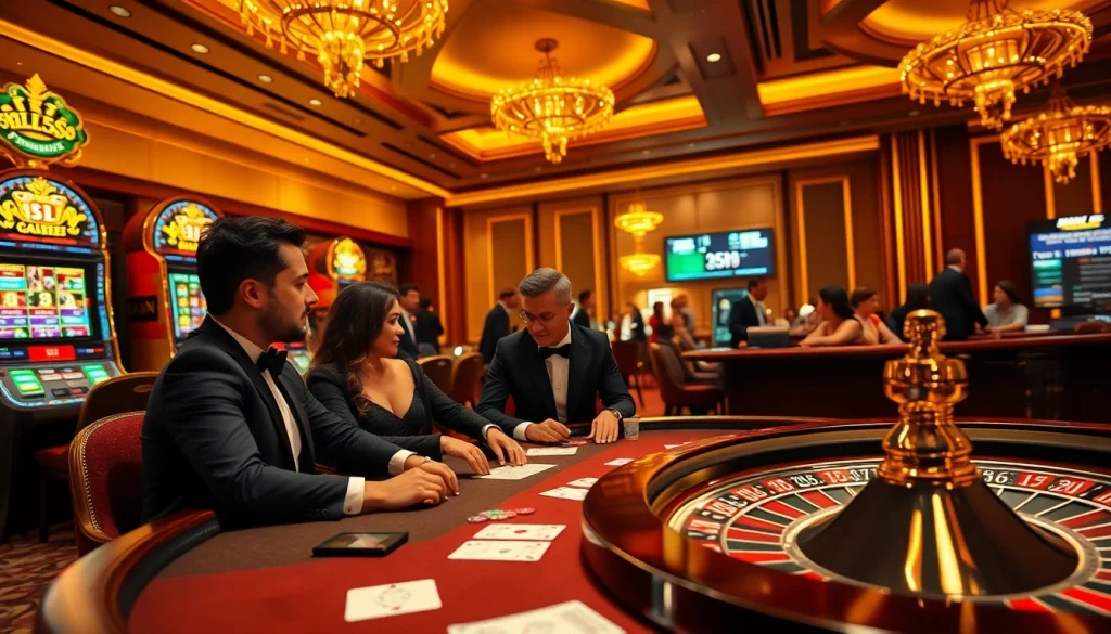 BL555 casino scene with players at a poker table and vibrant slot machines.