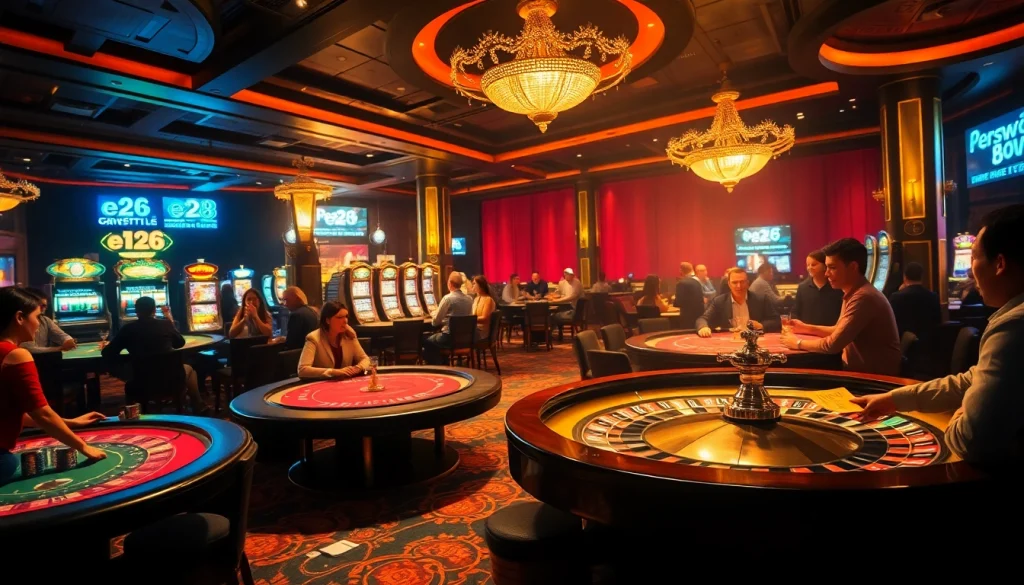 e28 gaming enthusiasts thrill at a casino poker table with chips and cards.