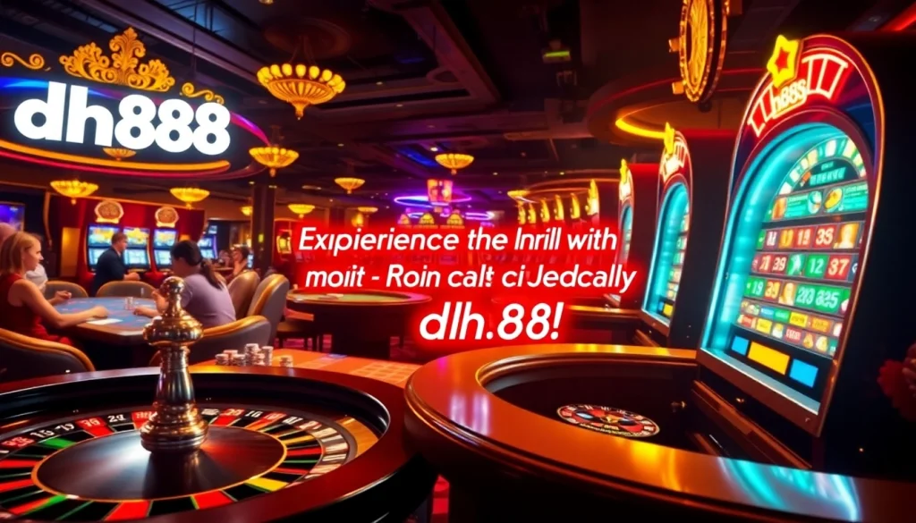 Players at a roulette table and a slot machine in a vibrant casino setting, capturing the excitement of gambling with dh88.