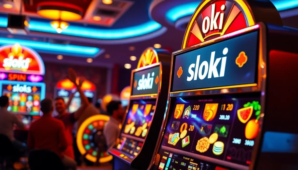 Exciting slot hoki gameplay at a vibrant online casino with colorful machines and animated players.
