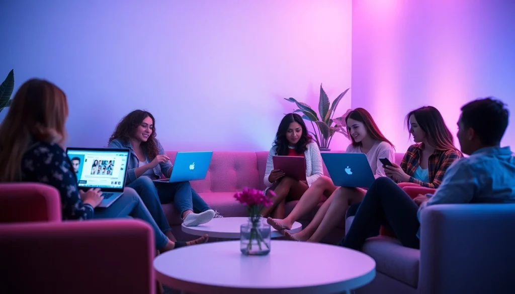 Engaging scene of diverse individuals enjoying a vibrant sex chat online, showcasing modern technology and playful interactions.
