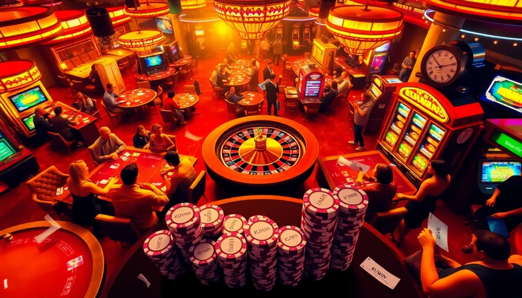 KUWIN poker players strategizing around a vibrant table, enjoying the thrill of the game.