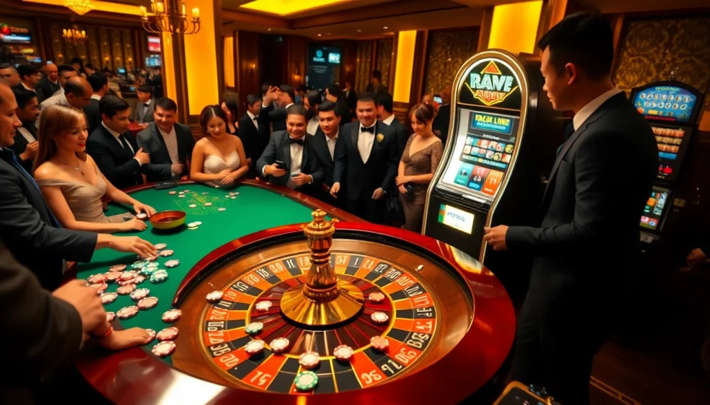 Kèo Nhà Cái 5 captivates players in a vibrant casino scene filled with roulette action and poker chips.