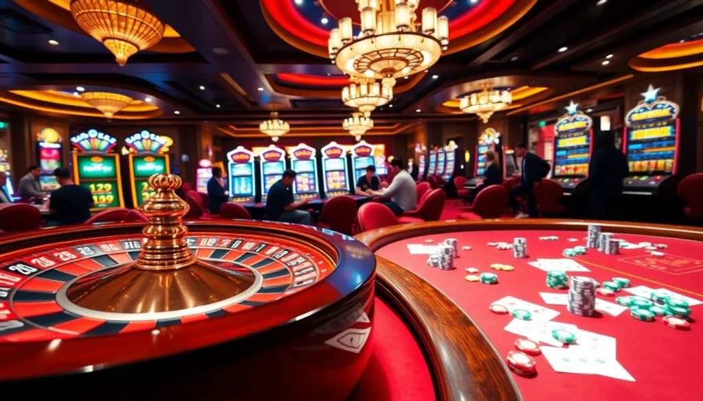 Experience the thrill of gambling with SUNWIN 88 at a lively casino, featuring roulette wheels and enthusiastic players.